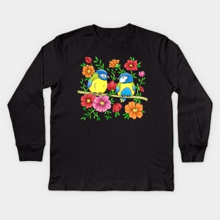 Cute Blue Tit Bird Couple Blue Tits Flowers Spring Summer Design Kids Long Sleeve T-Shirt